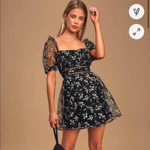 LULUS Black Floral Embroidered Skater Dress
